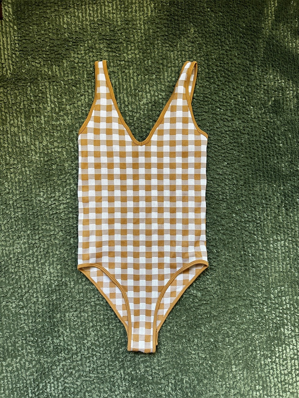 Aura Checkered Knit Bodysuit Mustard White Retro 70s Mod Sleeveless